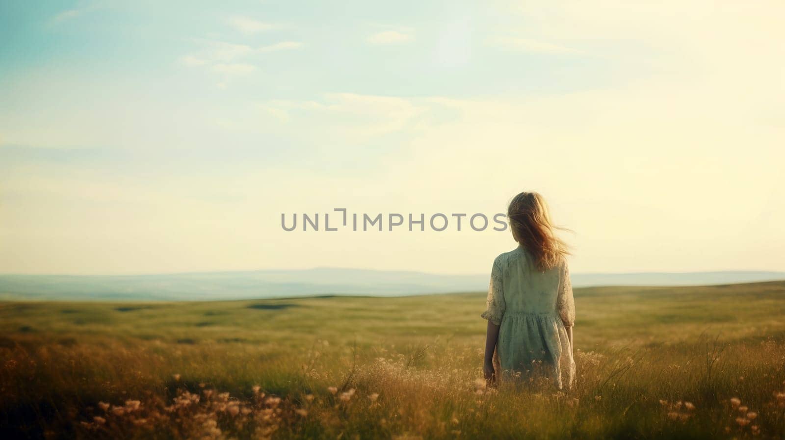 Romantic image of a young girl dressed in 1900s fashion in a meadow of wild grasses - Generative AI