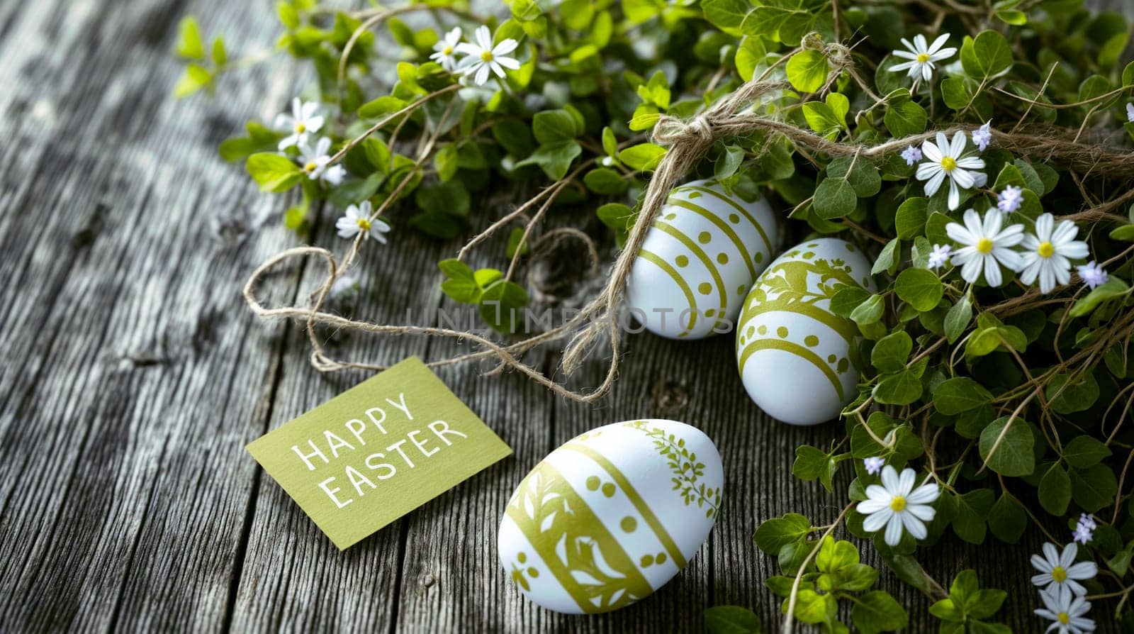 painted easter eggs and flowers on a rustic wooden background, embodying the joy of spring - generative AI