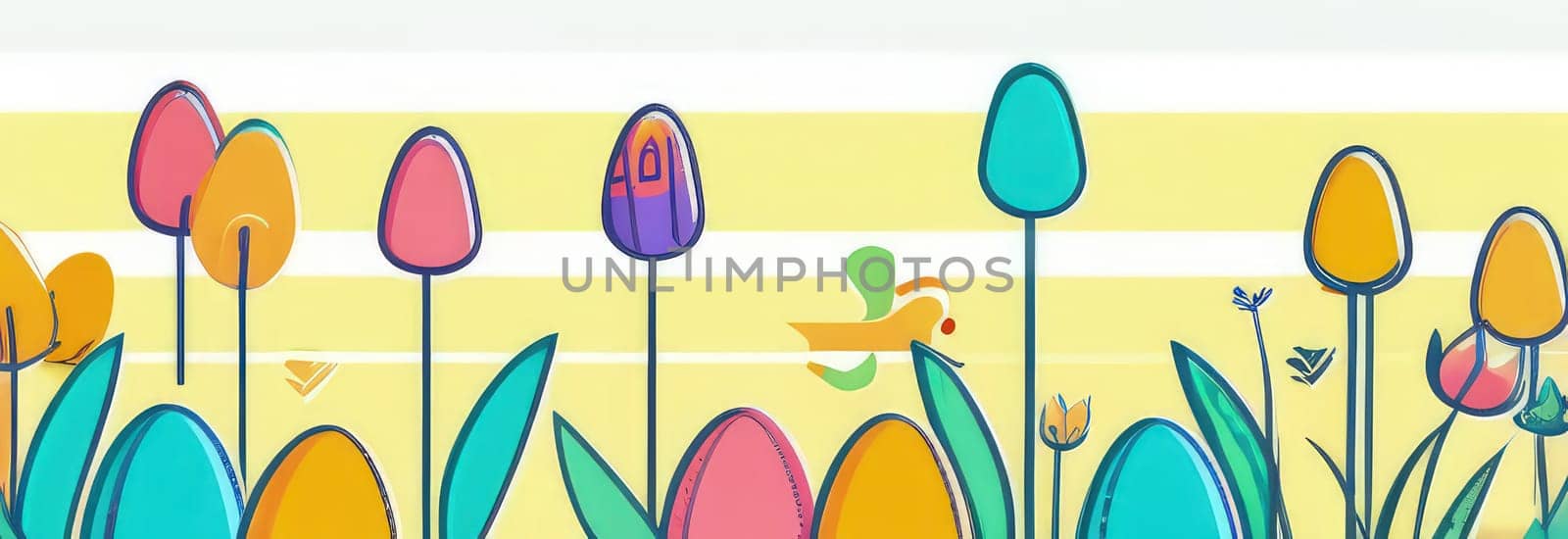 Holiday celebration banner with cute Easter decorated eggs and spring flowers on green spring meadow. Flowers in landscape. Happy Easter greeting card, banner, festive background.Copy space