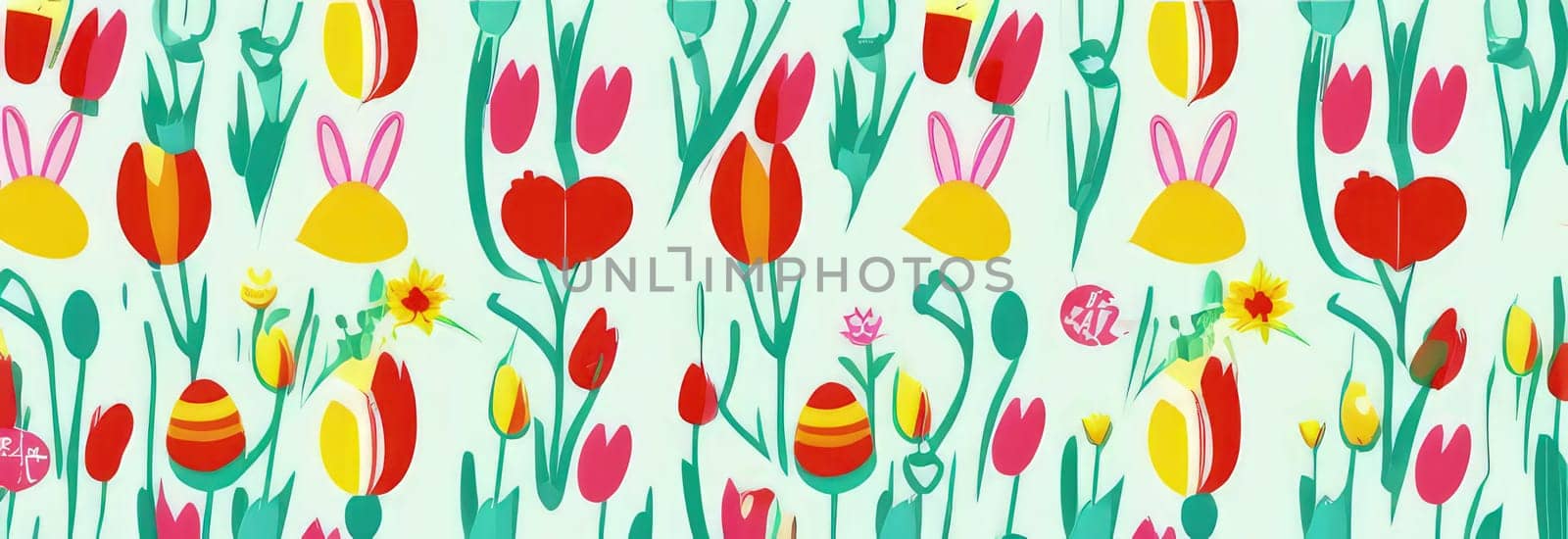 Holiday celebration banner with cute Easter decorated eggs and spring flowers on green spring meadow. Flowers in landscape. Happy Easter greeting card, banner, festive background.Copy space. by Angelsmoon