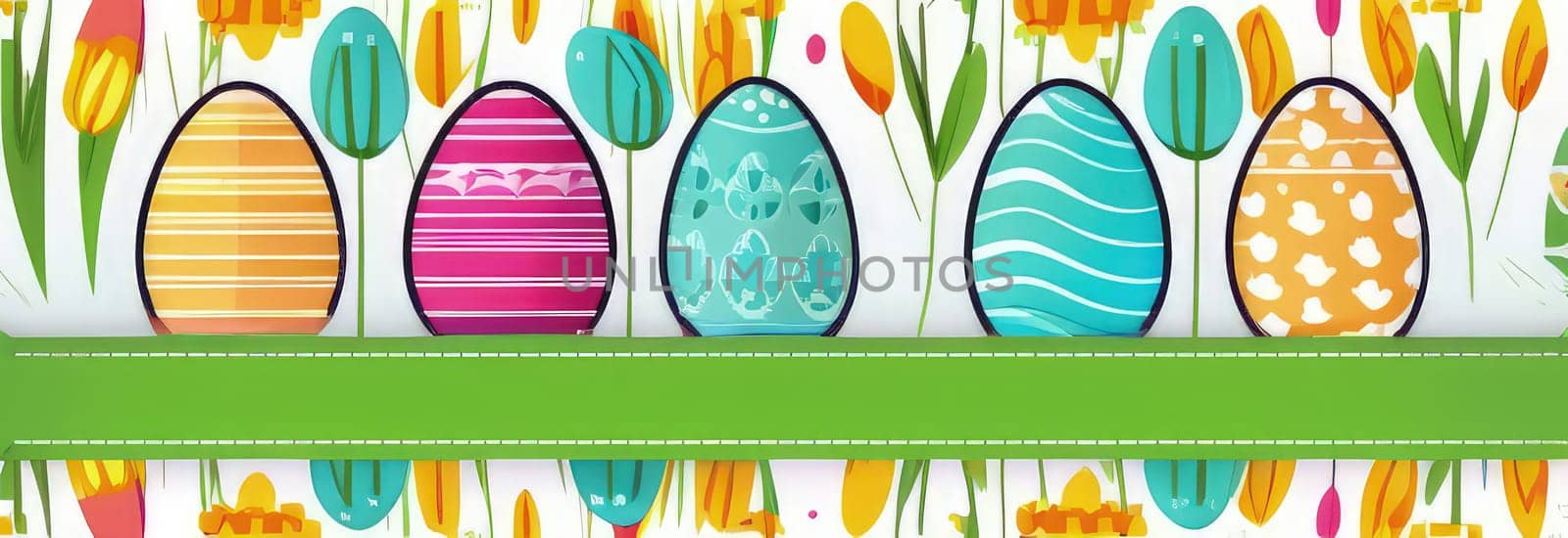 Holiday celebration banner with cute Easter decorated eggs and spring flowers on green spring meadow. Flowers in landscape. Happy Easter greeting card, banner, festive background.Copy space. by Angelsmoon