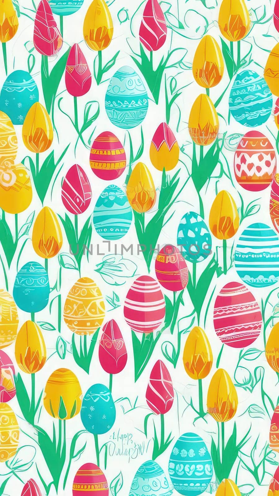 Holiday celebration banner with cute Easter decorated eggs and spring flowers on green spring meadow. Flowers in landscape. Happy Easter greeting card, banner, festive background.Copy space. by Angelsmoon