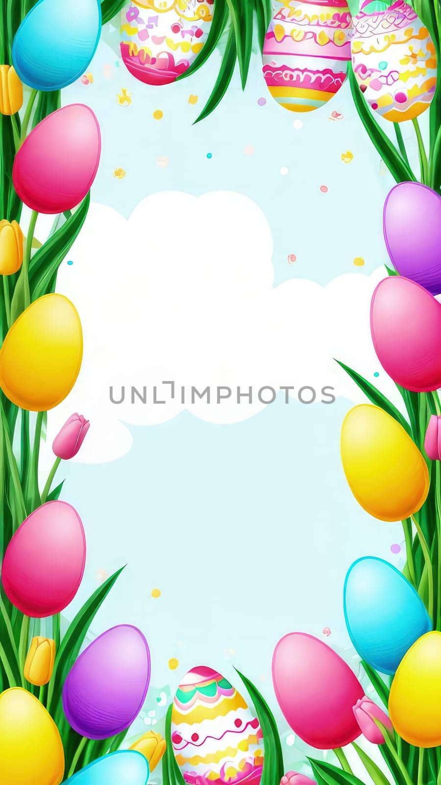 Holiday celebration banner with colorful tulips, spring flowers and colorful decorated Easter eggs on light background. Happy Easter greeting card, banner, festive background. Close up, Copy space