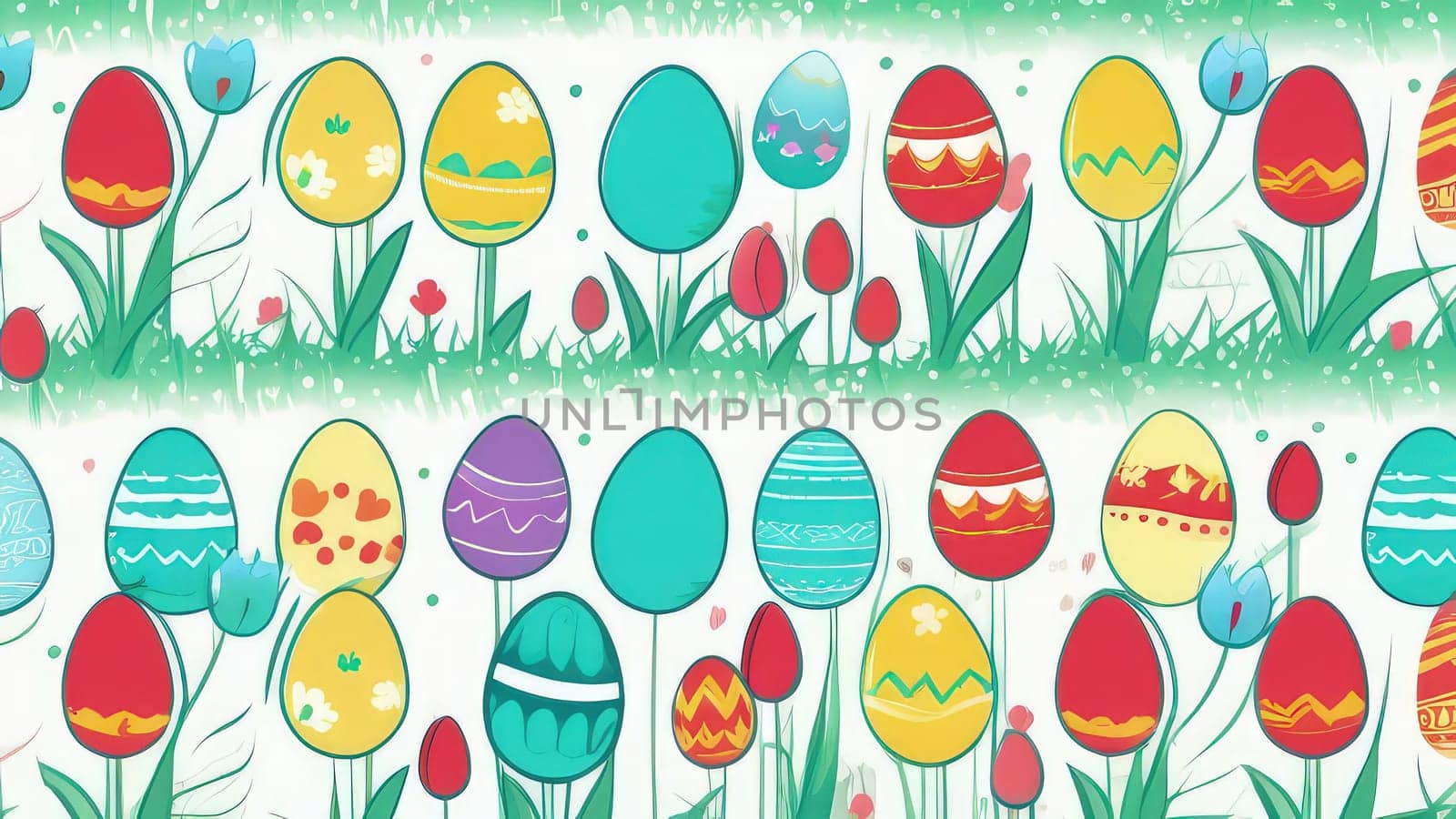 Holiday celebration banner with cute Easter decorated eggs and spring flowers on green spring meadow. Flowers in landscape. Happy Easter greeting card, banner, festive background.Copy space