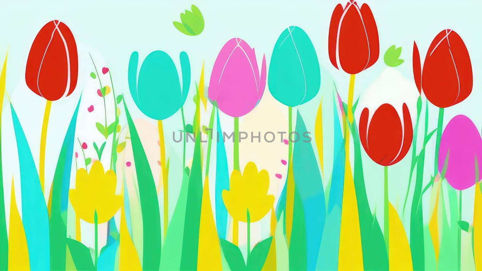 Holiday celebration banner with cute Easter decorated eggs and spring flowers on green spring meadow. Flowers in landscape. Happy Easter greeting card, banner, festive background.Copy space