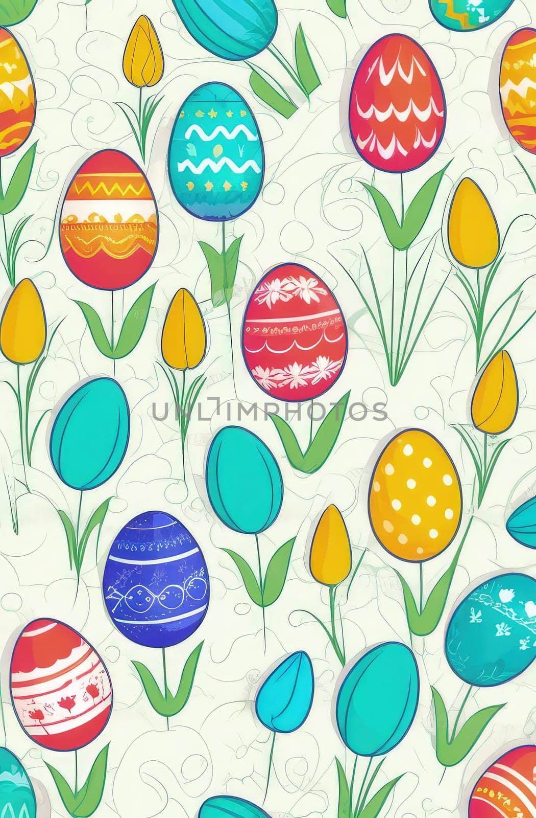 Holiday celebration banner with cute Easter decorated eggs and spring flowers on green spring meadow. Flowers in landscape. Happy Easter greeting card, banner, festive background.Copy space. by Angelsmoon