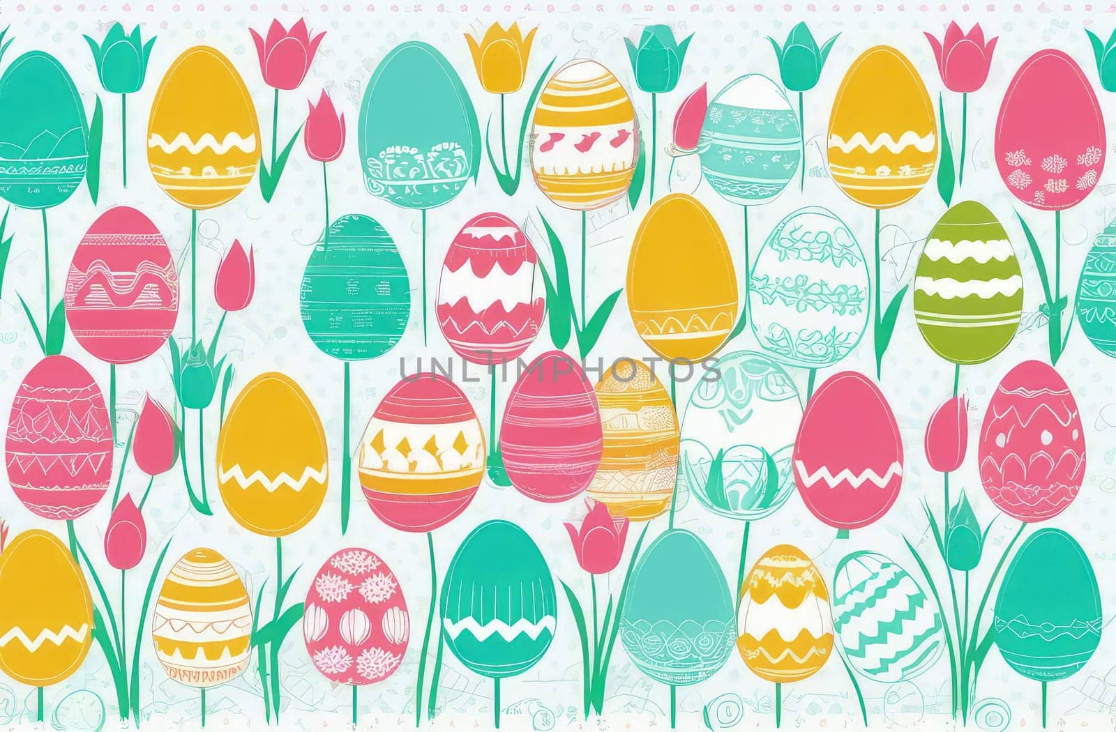 Holiday celebration banner with cute Easter decorated eggs and spring flowers on green spring meadow. Flowers in landscape. Happy Easter greeting card, banner, festive background.Copy space