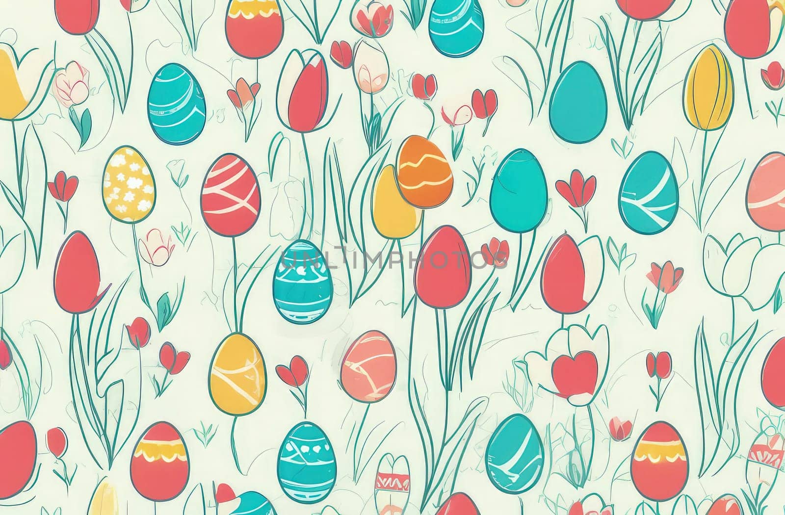 Holiday celebration banner with cute Easter decorated eggs and spring flowers on green spring meadow. Flowers in landscape. Happy Easter greeting card, banner, festive background.Copy space