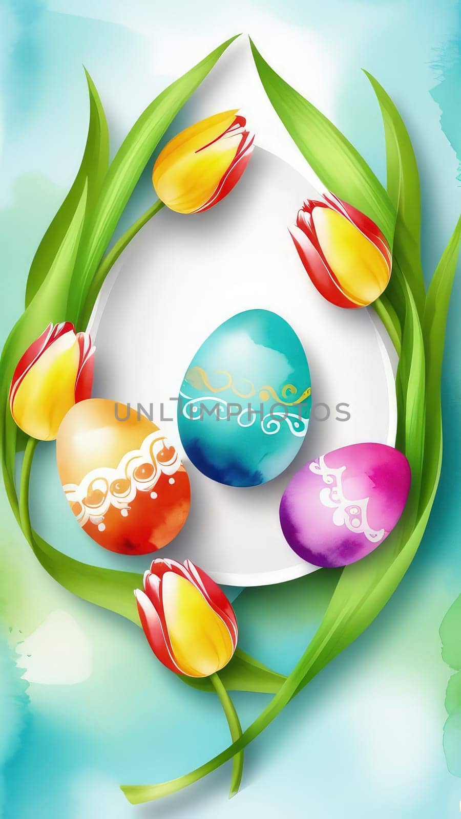 Holiday celebration banner with colorful tulips, spring flowers and colorful decorated Easter eggs on light background. Happy Easter greeting card, banner, festive background. Close up, Copy space
