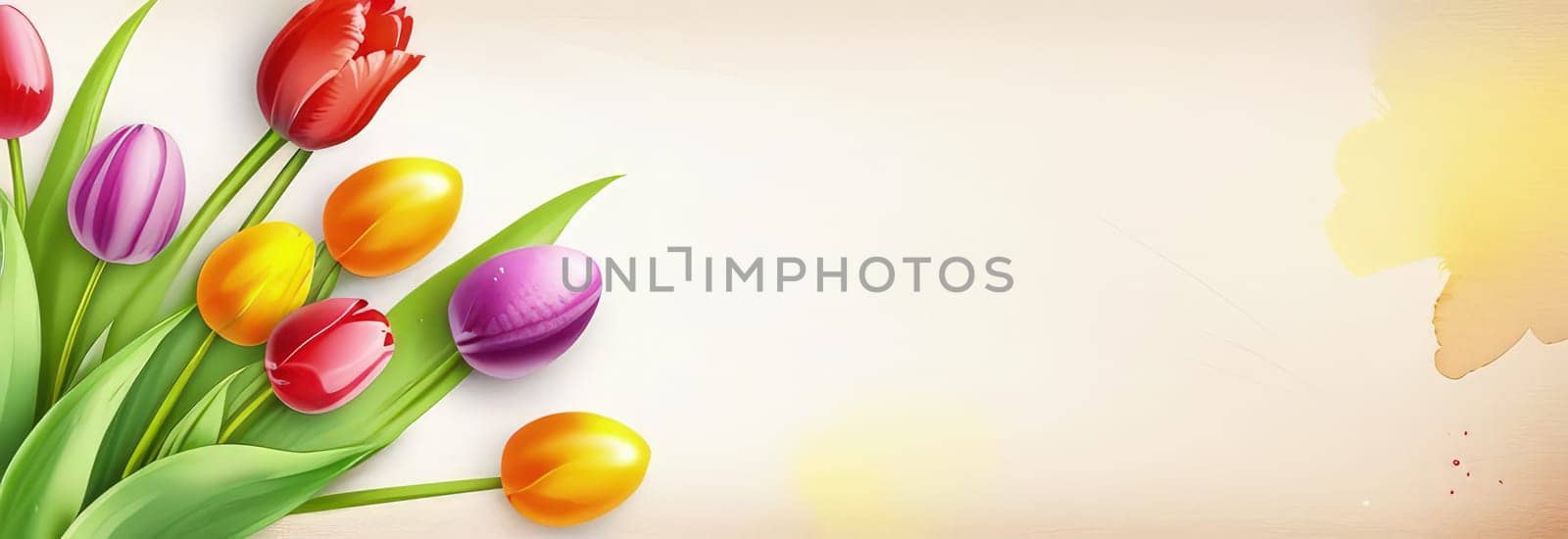 Holiday celebration banner with colorful tulips, spring flowers and colorful decorated Easter eggs on light background. Happy Easter greeting card, banner, festive background. Close up, Copy space