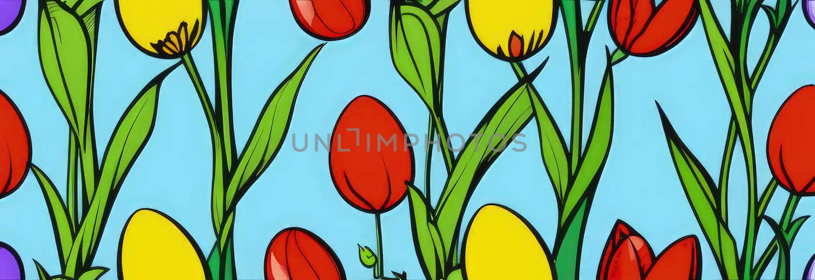 Holiday celebration banner with cute Easter decorated eggs and spring flowers on green spring meadow. Flowers in landscape. Happy Easter greeting card, banner, festive background.Copy space