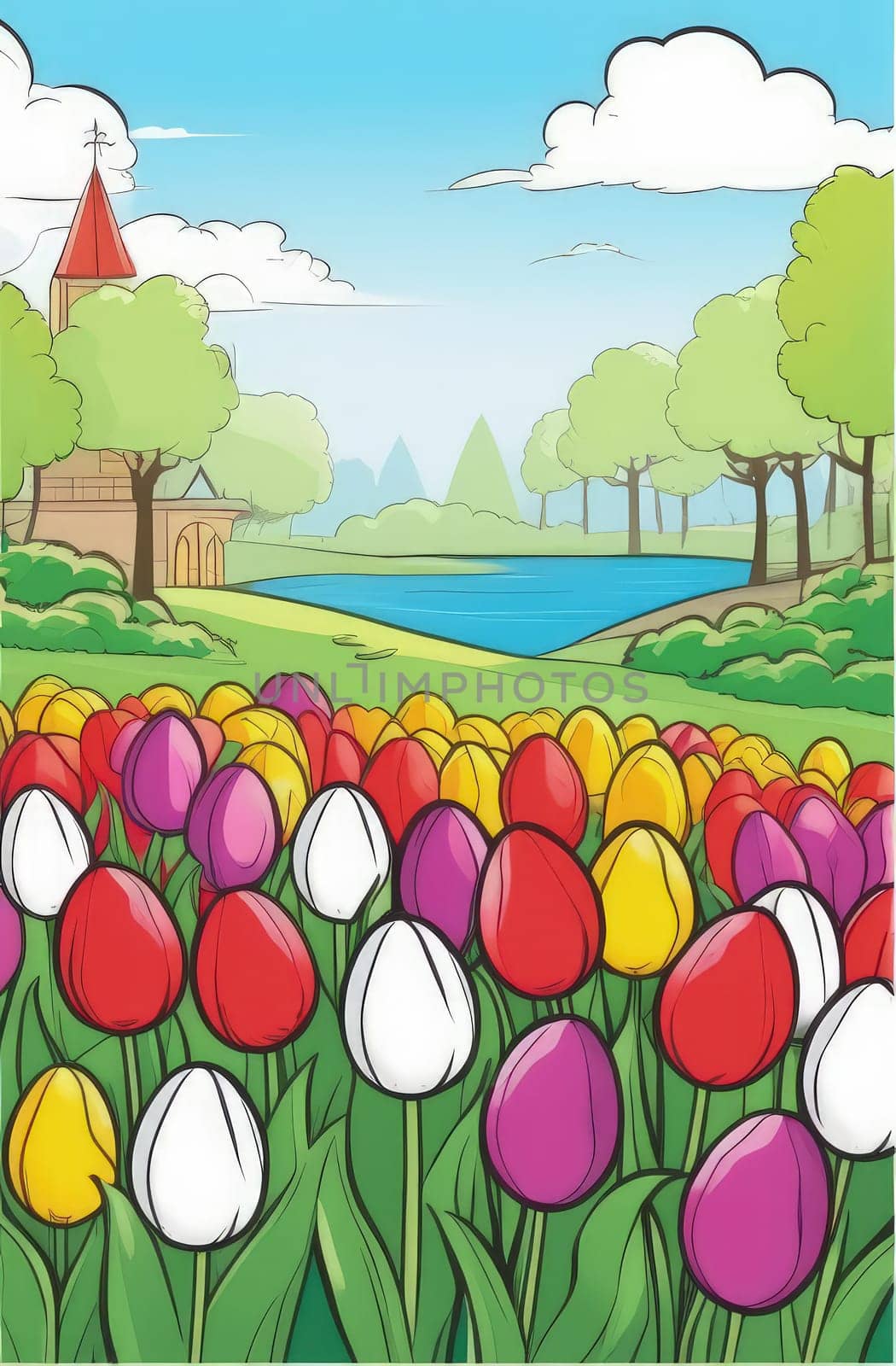 Holiday celebration banner with cute Easter decorated eggs and spring flowers on green spring meadow. Flowers in landscape. Happy Easter greeting card, banner, festive background.Copy space