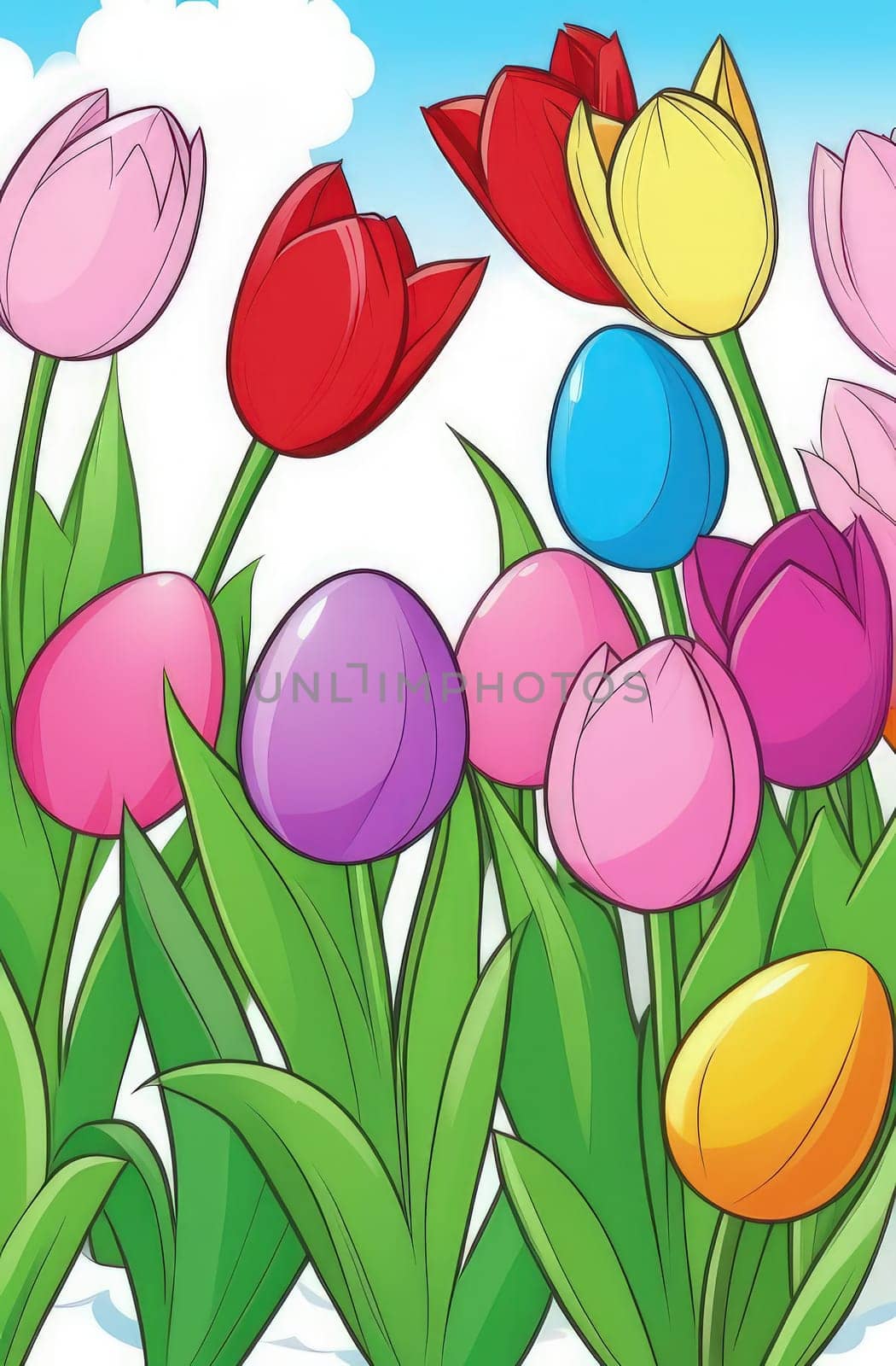 Holiday celebration banner with cute Easter decorated eggs and spring flowers on green spring meadow. Flowers in landscape. Happy Easter greeting card, banner, festive background.Copy space. by Angelsmoon