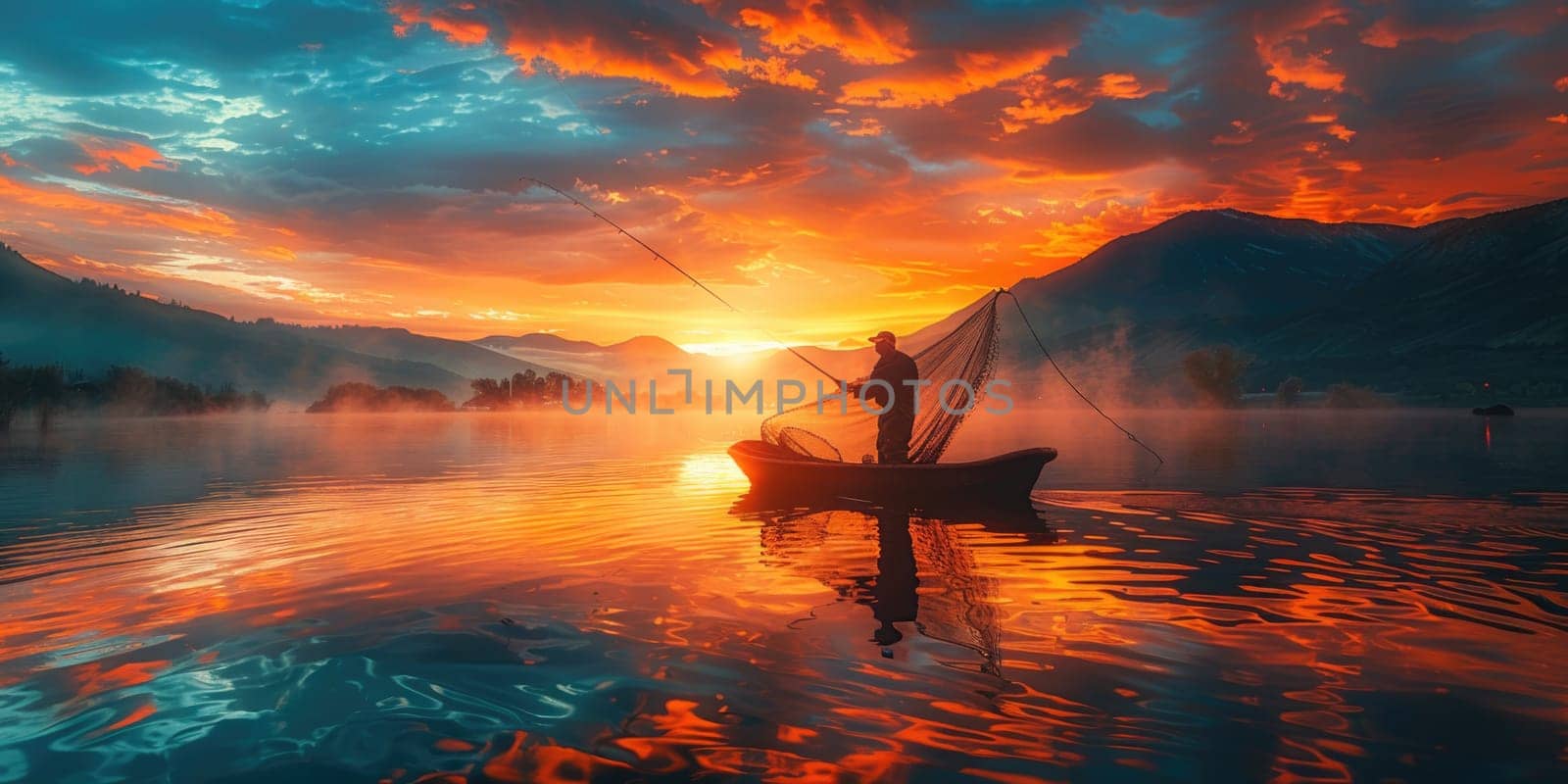 A man is fishing from a small boat on a calm lake as the sun sets in the background.