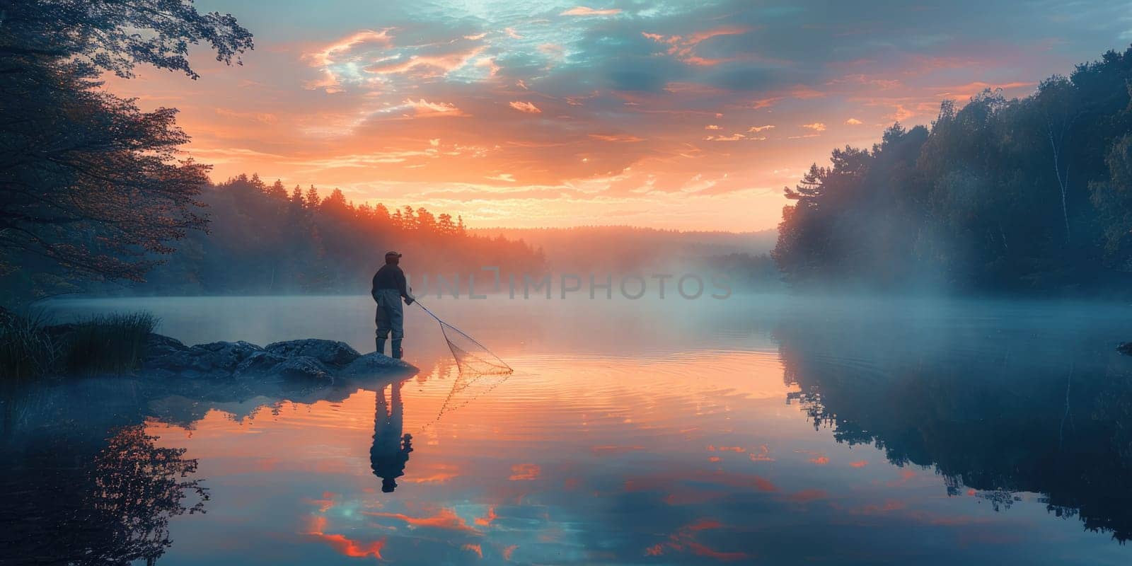 Man Standing on Rock in Middle of Lake by but_photo