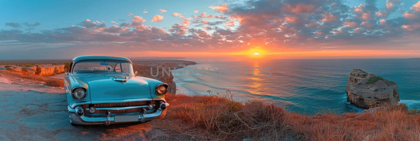 A vintage car parked on the side of a coastal road with the ocean in the background.