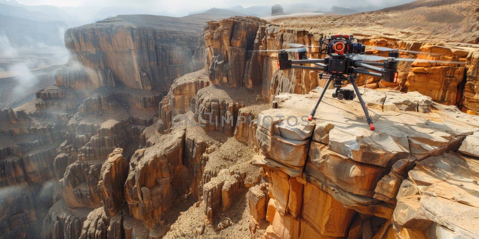A camera is positioned on the edge of a cliff, overlooking a vast landscape below.