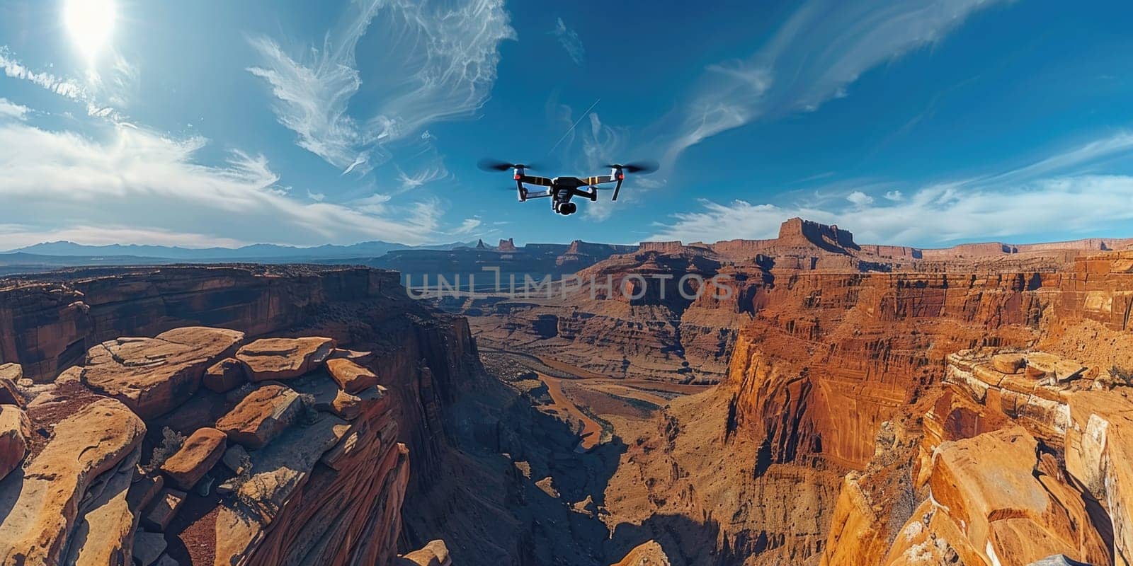 A small plane is seen flying over a canyon in the desert, showcasing the vast landscape below.