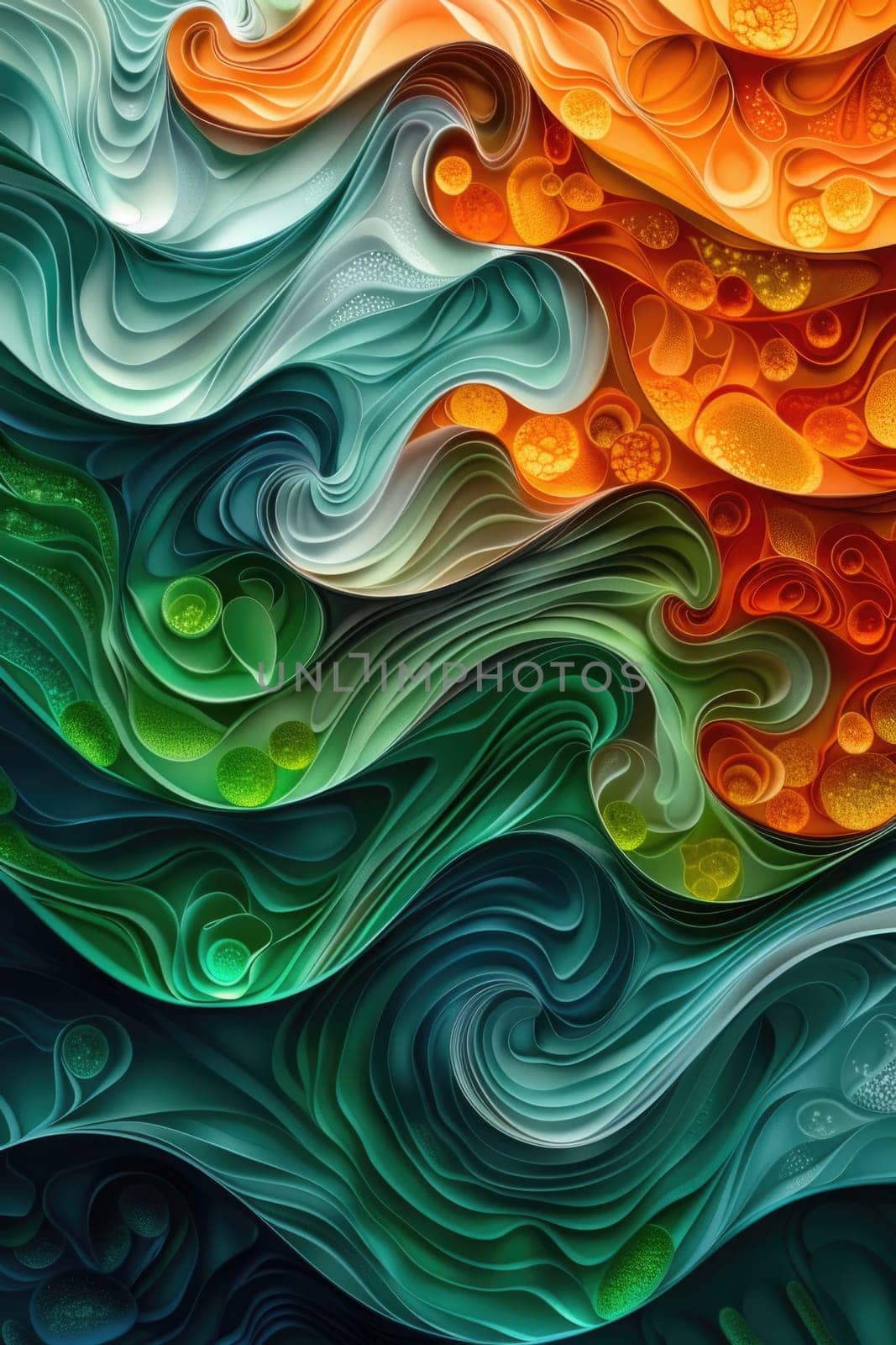 A detailed hyper-realistic painting featuring a wave in striking orange and green colors, showcasing intricate details and textures.