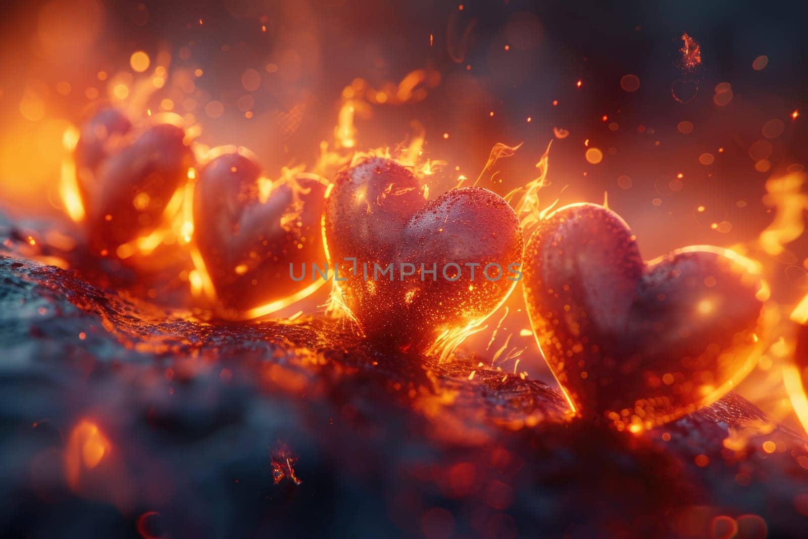 A detailed illustration showing a collection of hearts engulfed in flames.