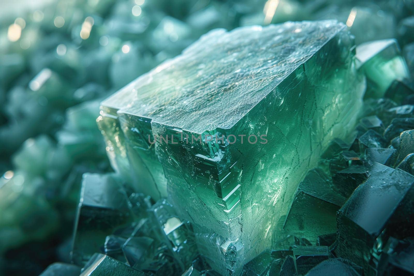 A green piece of glass rests on a collection of rocks in this simple yet intriguing scene.