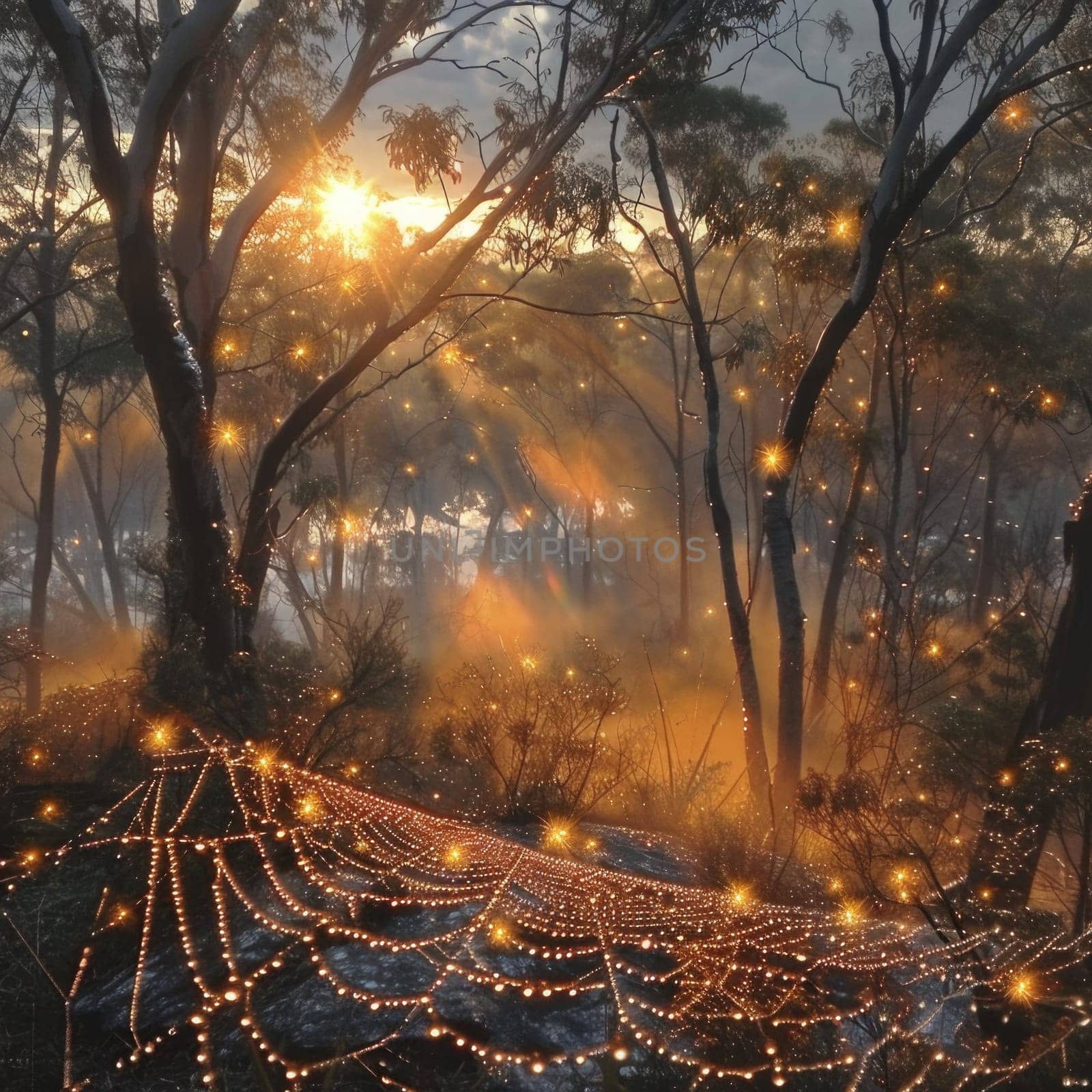 A large spider web intricately woven in the middle of a forest, catching the sunlight filtering through the trees.