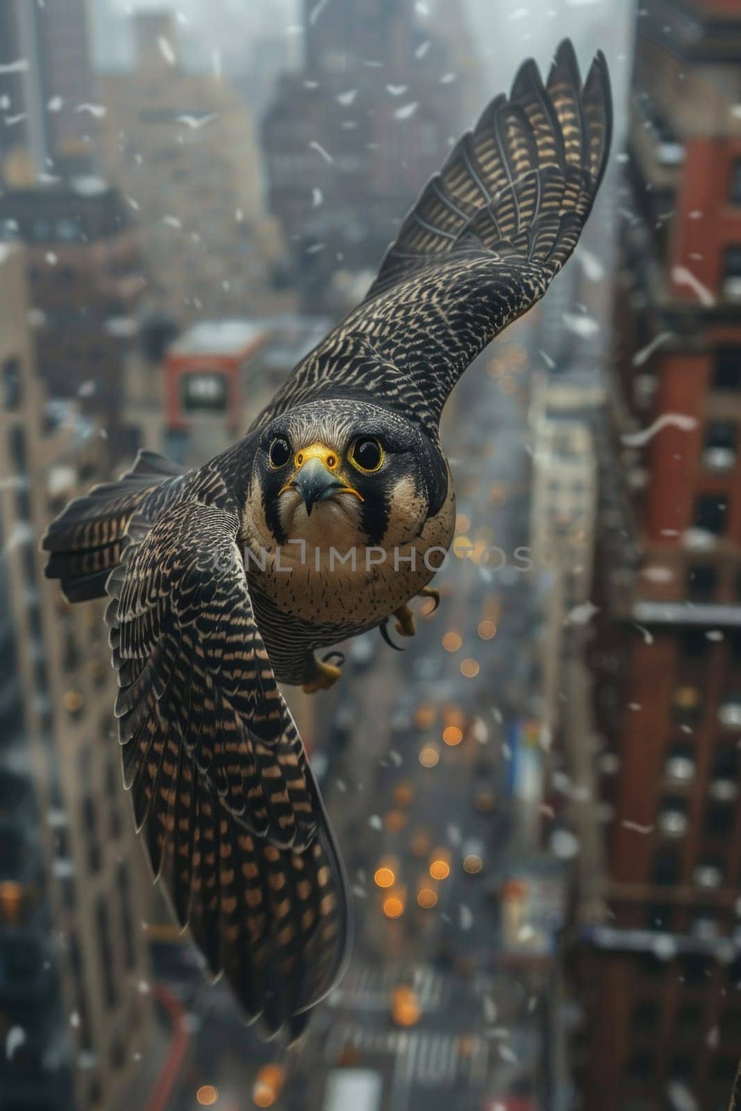 A bird flies gracefully above a cityscape filled with skyscrapers and tall buildings.