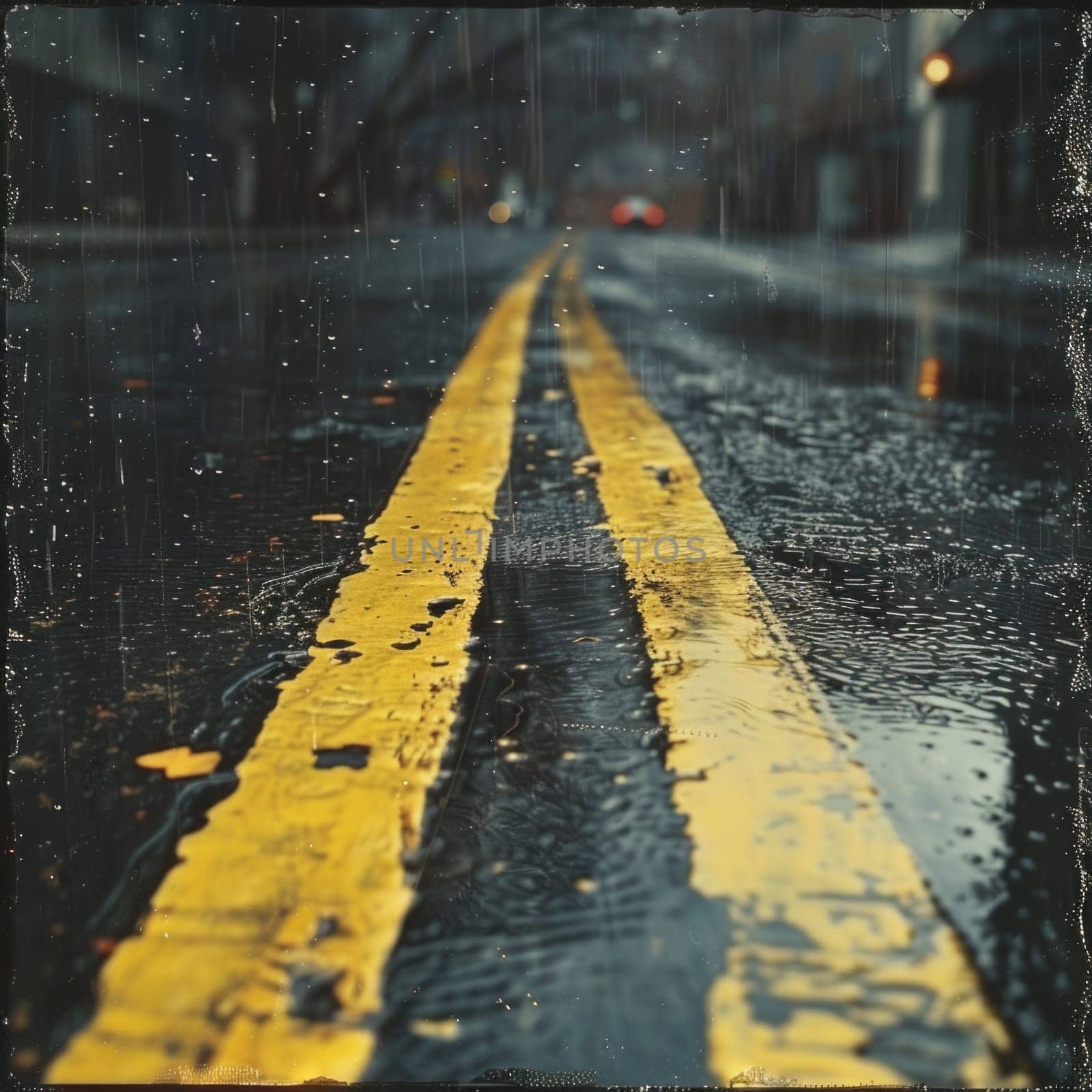 A wet street is shown with a bright yellow line painted down the center, glistening under the light.