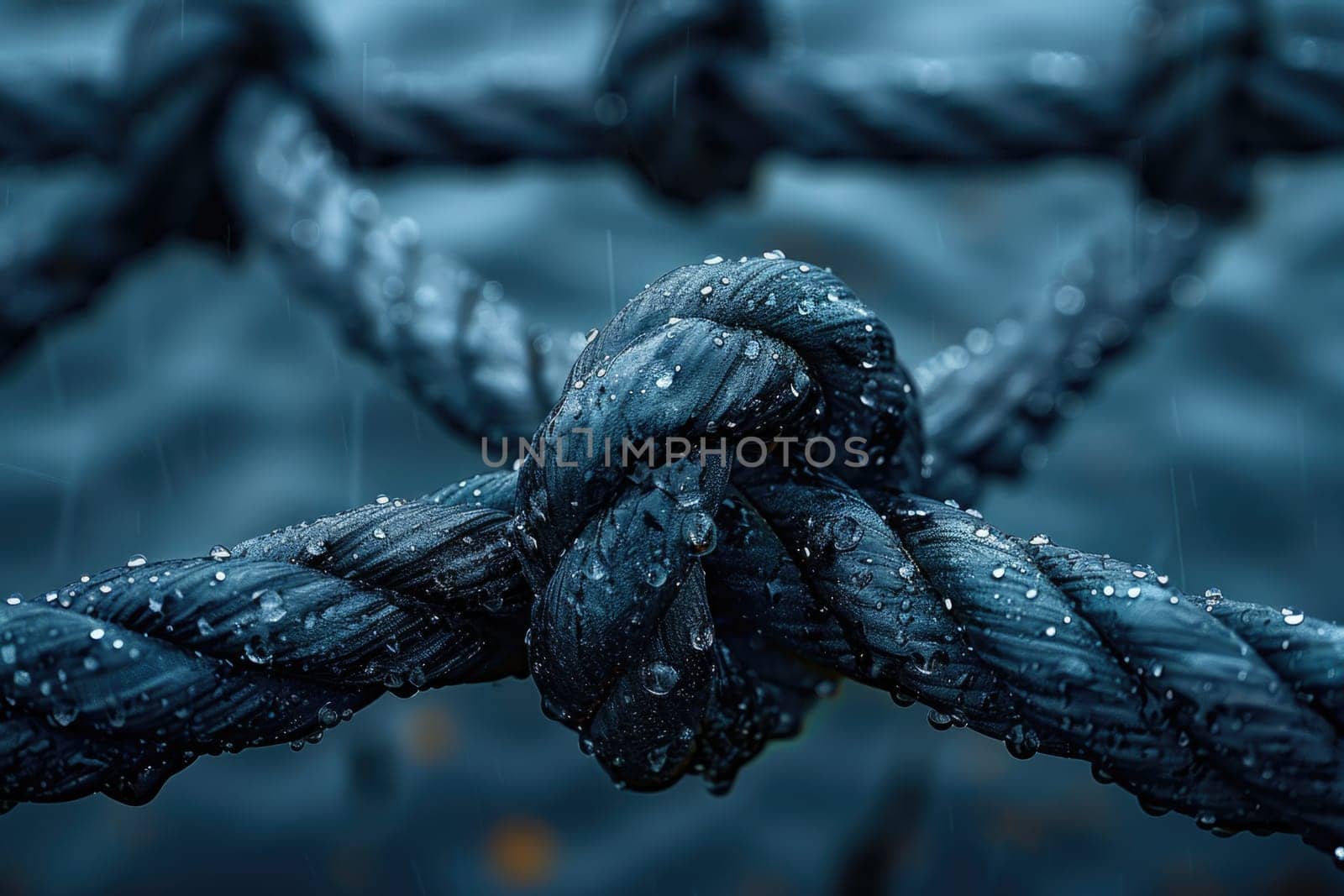 Detailed view of a rope with water droplets on it, showcasing intricate details and textures.