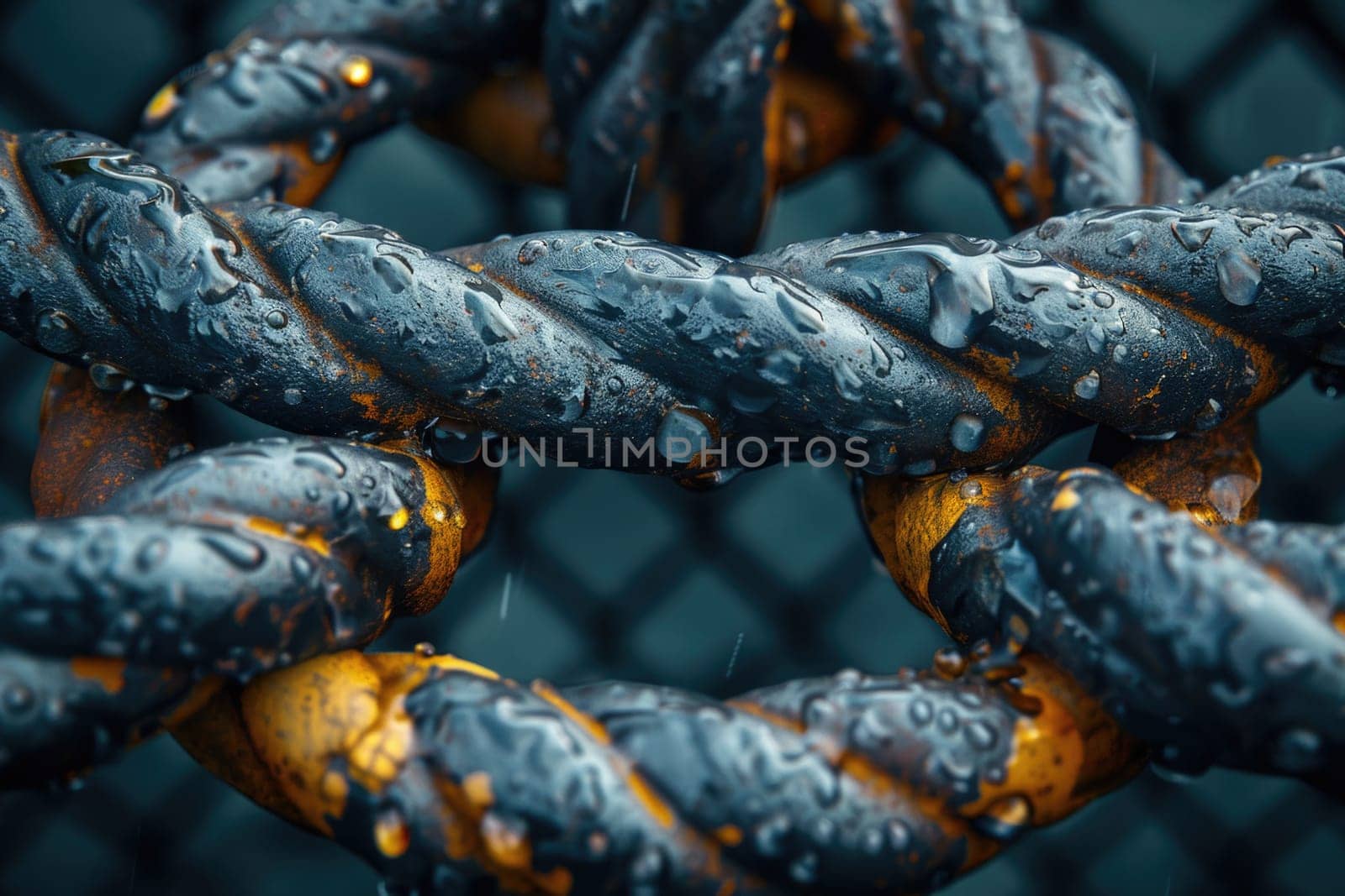 Close-up view of a chain link covered in droplets of water, showcasing a detailed texture and reflections.