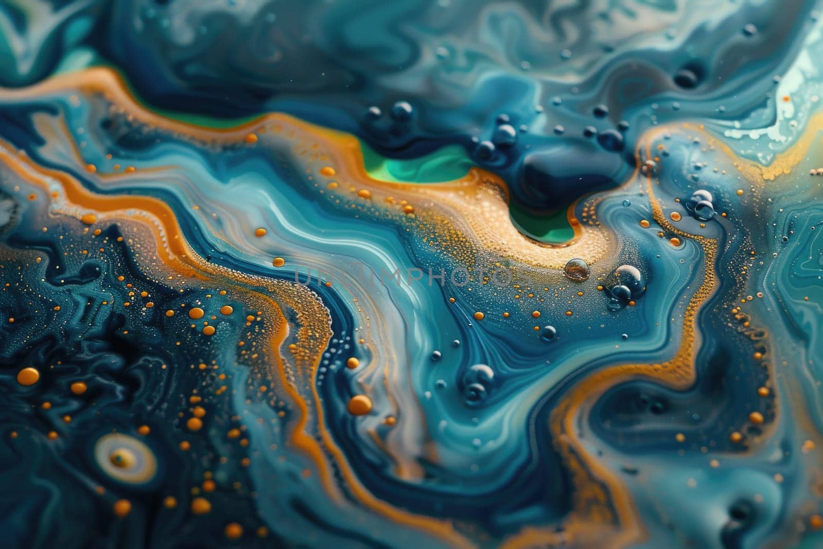 Detailed view of vivid blue and yellow liquid, displaying a mix of colors and textures.