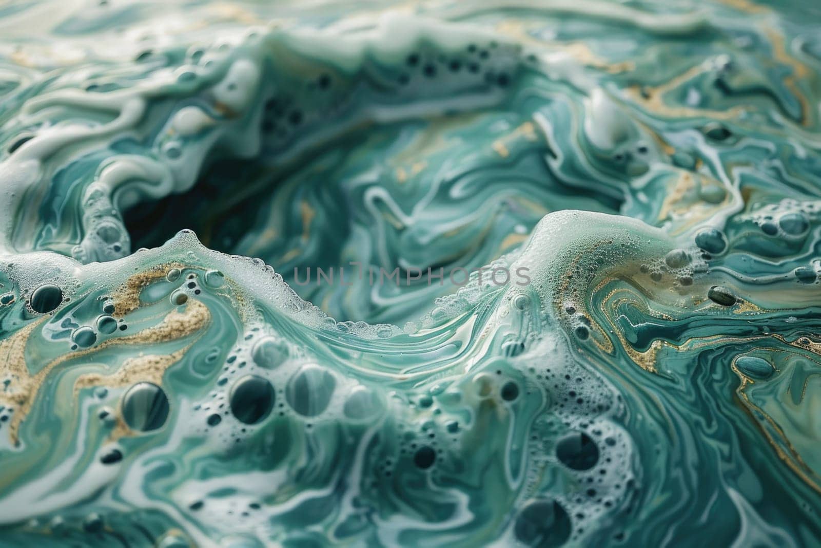 Detailed close-up view of a green and gold marble showcasing intricate patterns and colors.