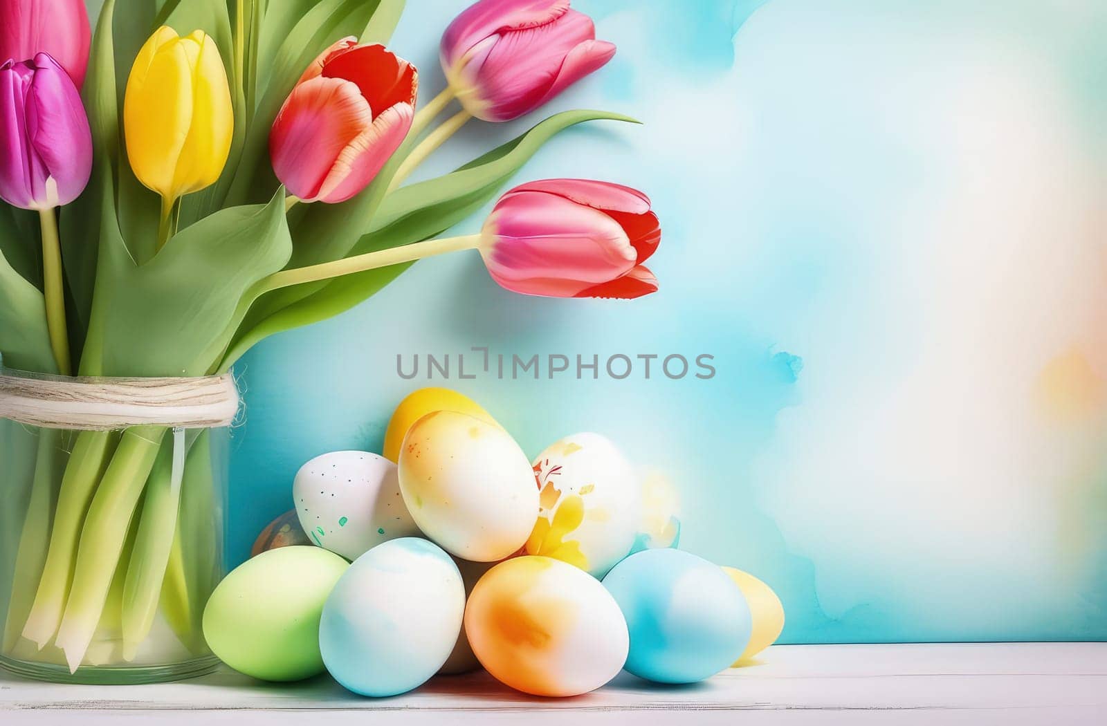 Table with vase of tulips, colorful Easter eggs. Basket of eggs and vase of tulips on kitchen table near window. Happy Easter greeting card, banner, festive background. Blurred background. Copy space