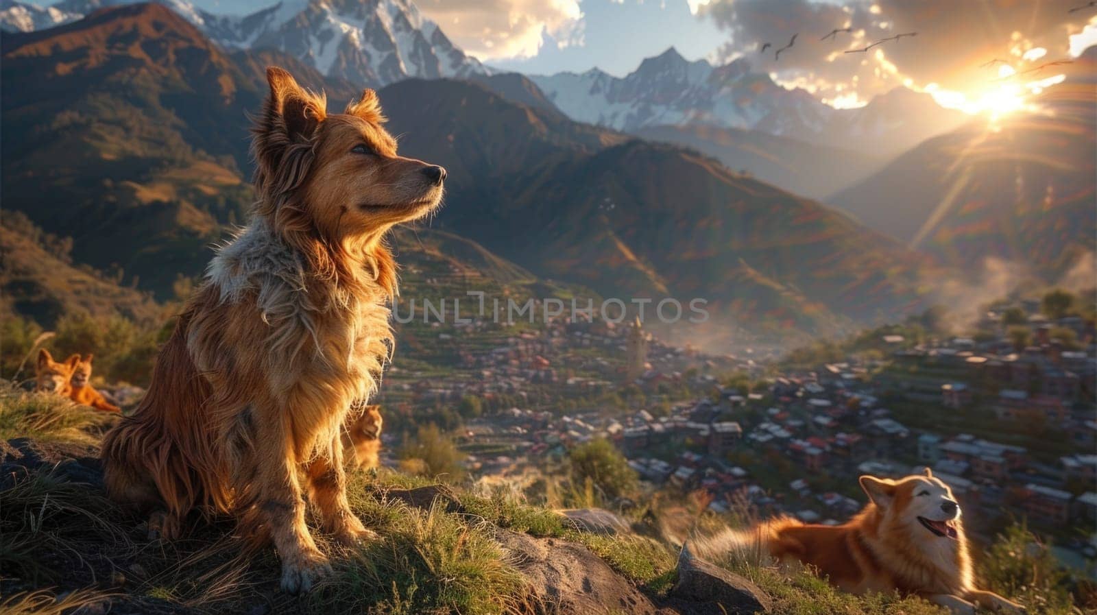 A dog and a cat are seated together on a hill, overlooking the landscape.