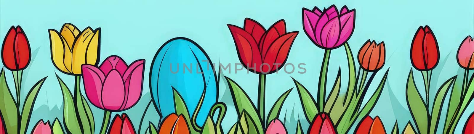 Holiday celebration banner with cute Easter decorated eggs and spring flowers on green spring meadow. Flowers in landscape. Happy Easter greeting card, banner, festive background.Copy space