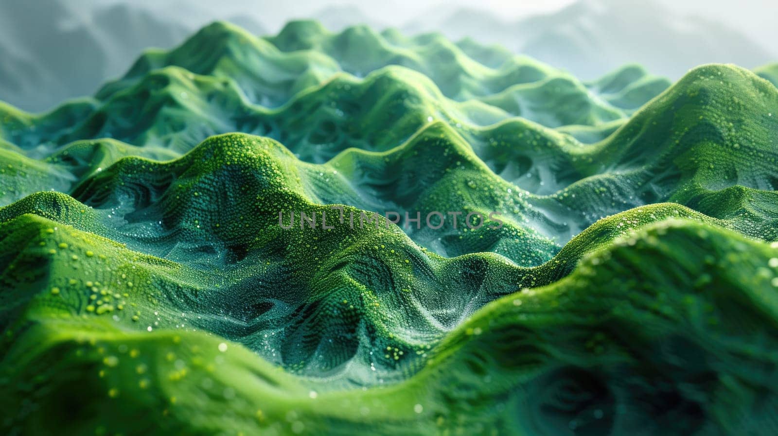 A detailed 3D illustration of a lush green mountain range in stunning hyper-realism.