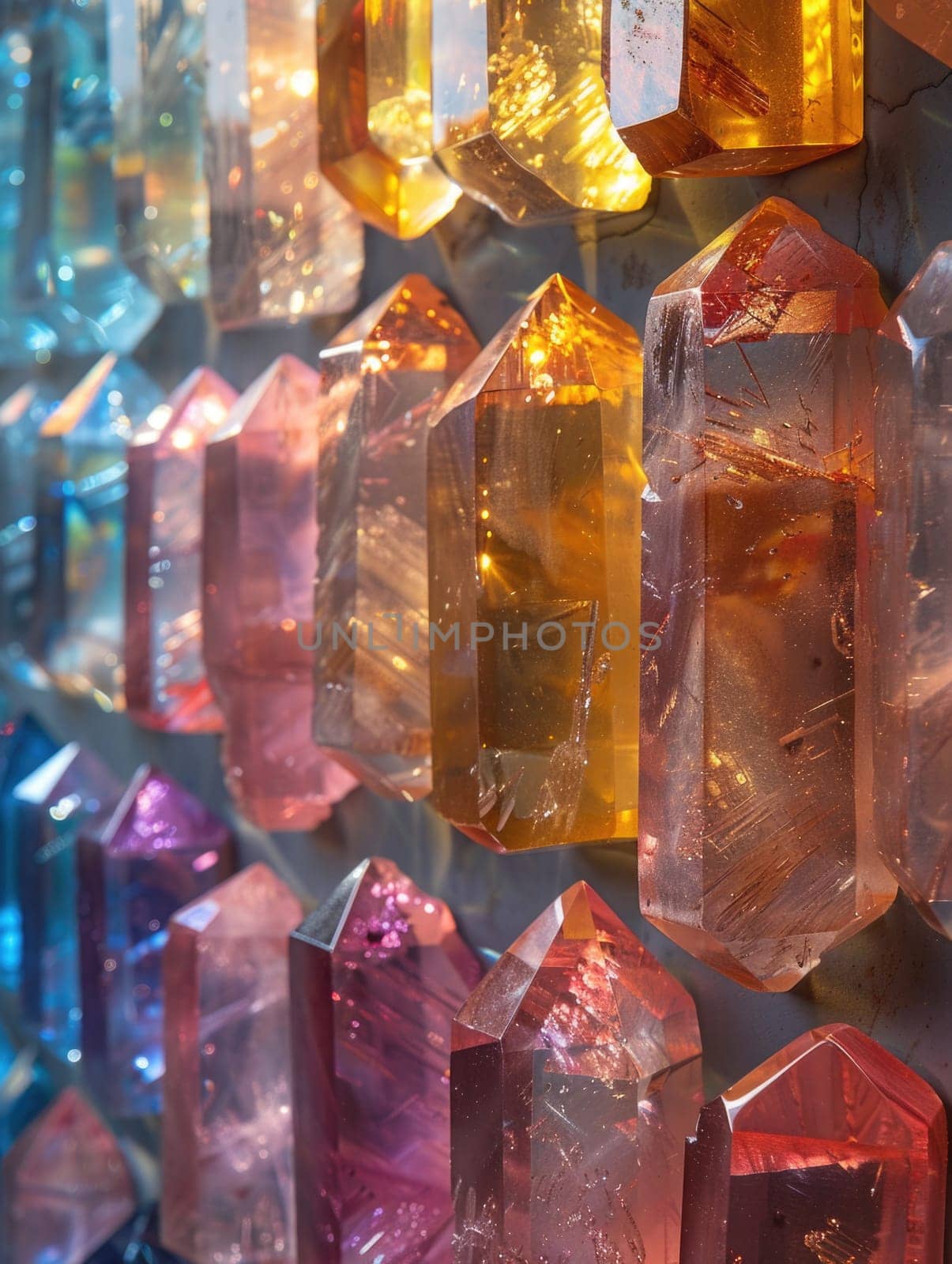 Various colored crystals hanging in an array on a wall, creating a vibrant and eye-catching display.