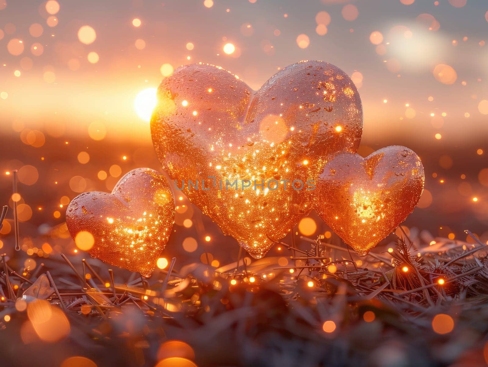 Hearts gathered on grass-covered ground, creating a unique scene of love in nature.