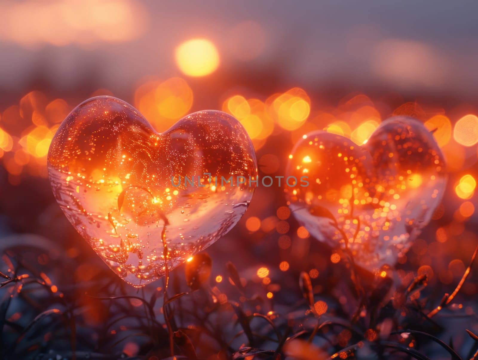 Two heart shaped bubbles rest on a grass covered field.