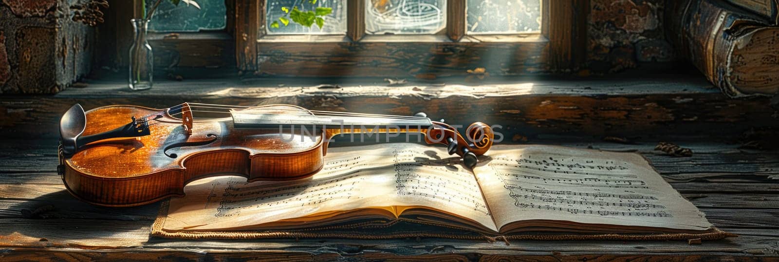 A violin is placed delicately on top of an open book, creating a harmonious scene.
