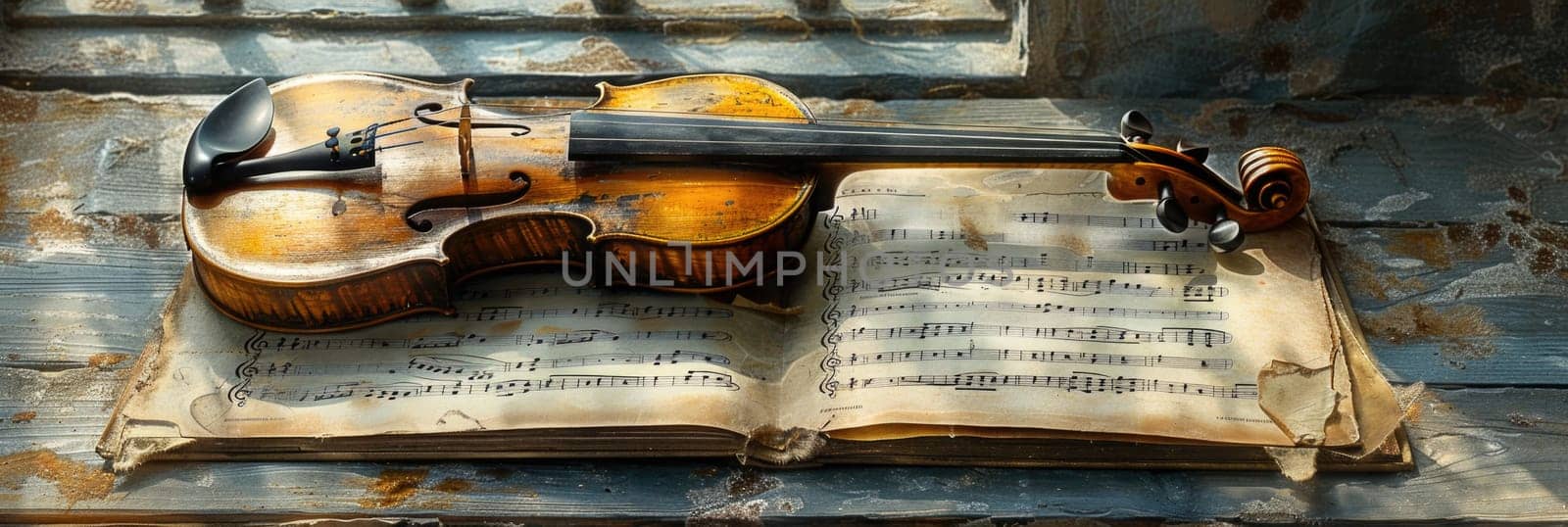A weathered violin is placed on top of an open book, creating a harmonious composition.