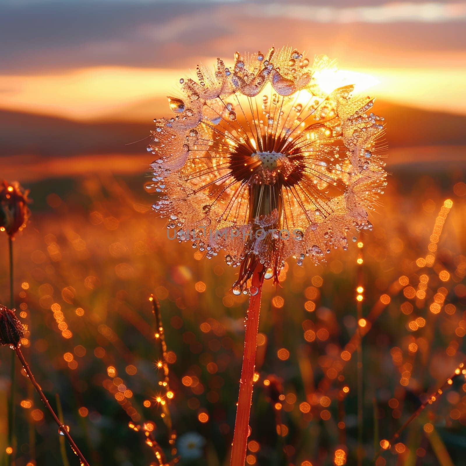 A dandelion in focus against a bright sun backdrop in a close-up shot.