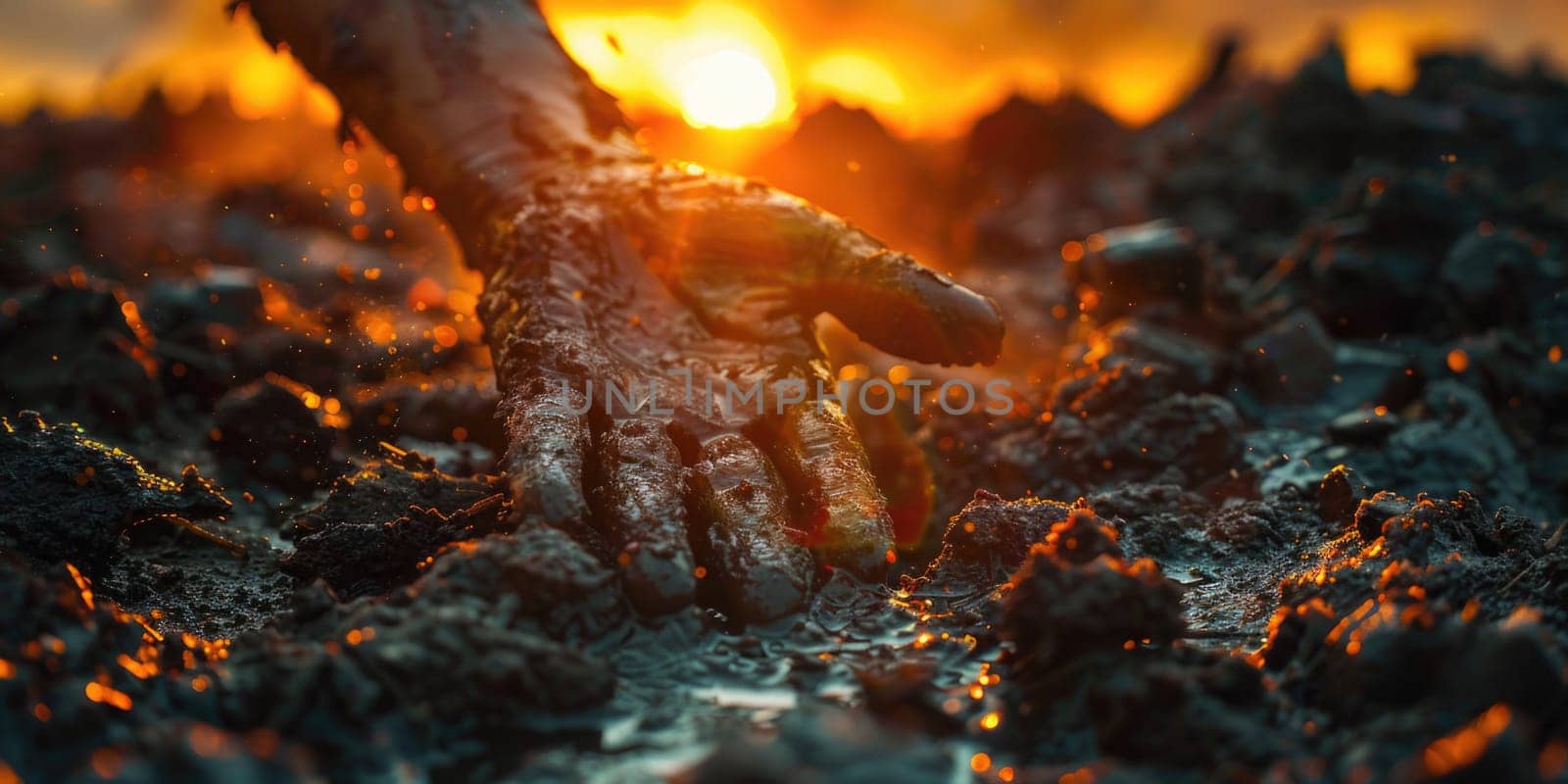 Close-up of a hand placed on a mound of soil, showing texture and dirt particles.