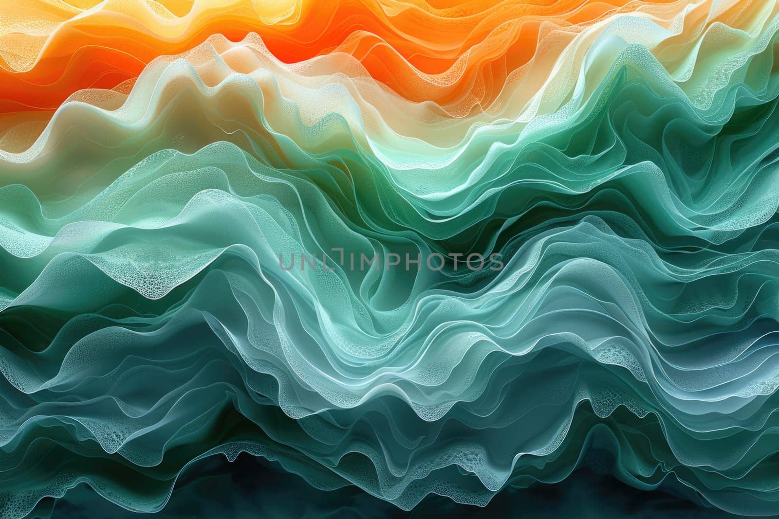 Colorful wave in shades of green, orange, and yellow depicted in an abstract painting.