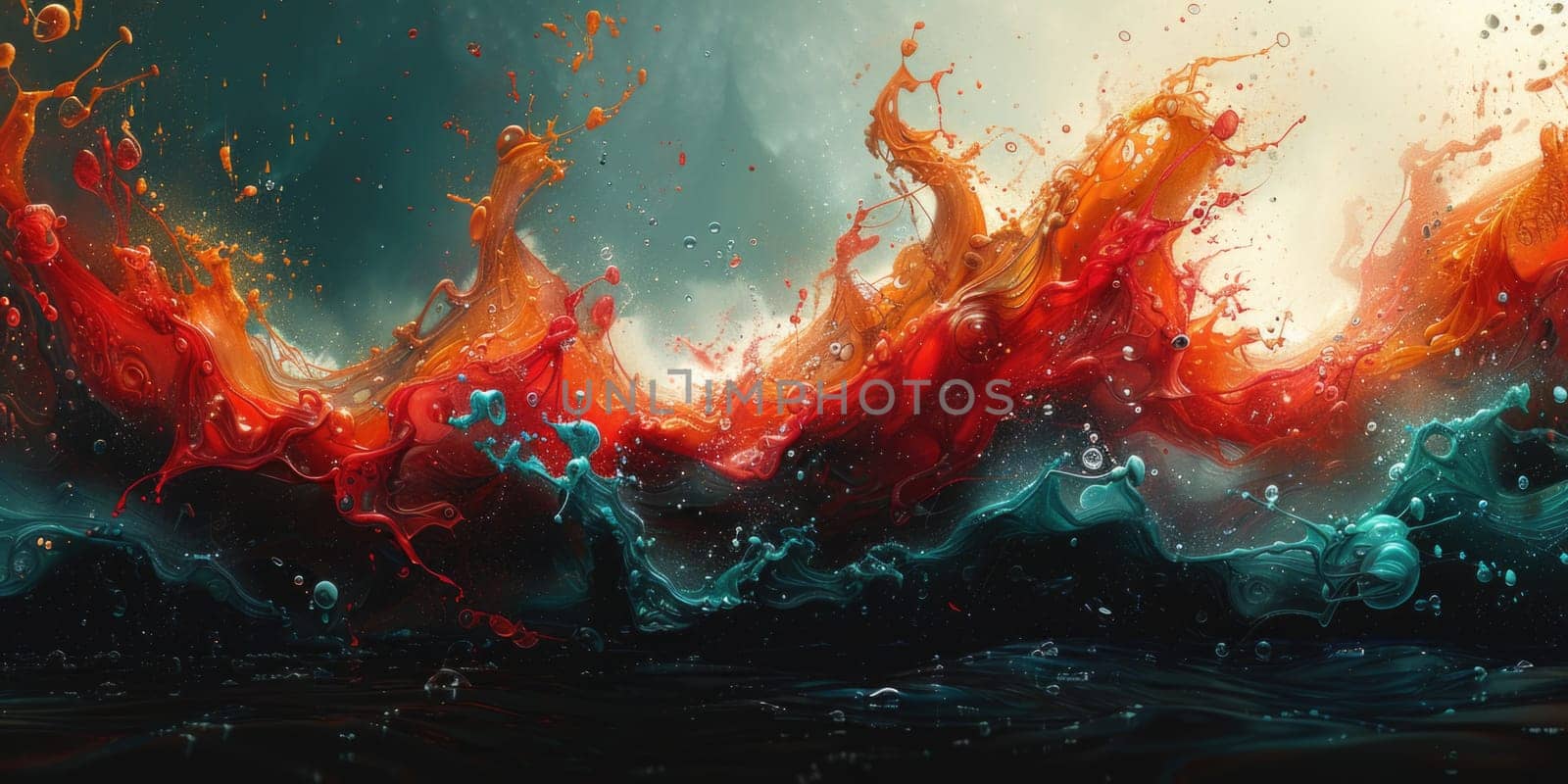 A hyper-realistic 3D illustration of a red and blue wave crashing on a shore.