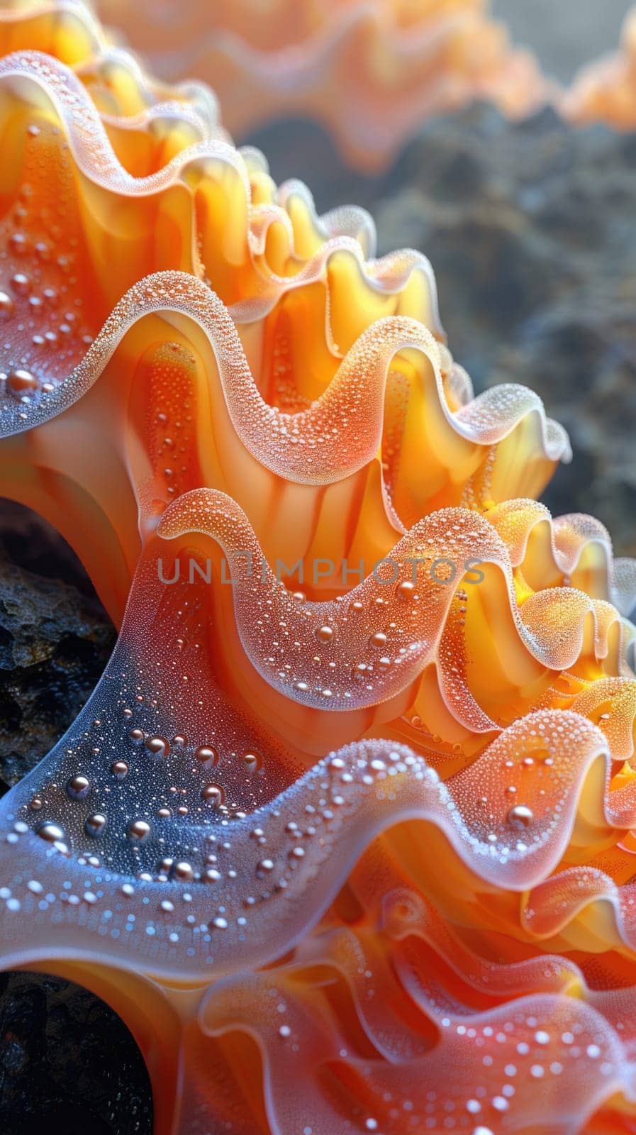 Detailed view of a sea anemone with water droplets on its tentacles, captured up close.