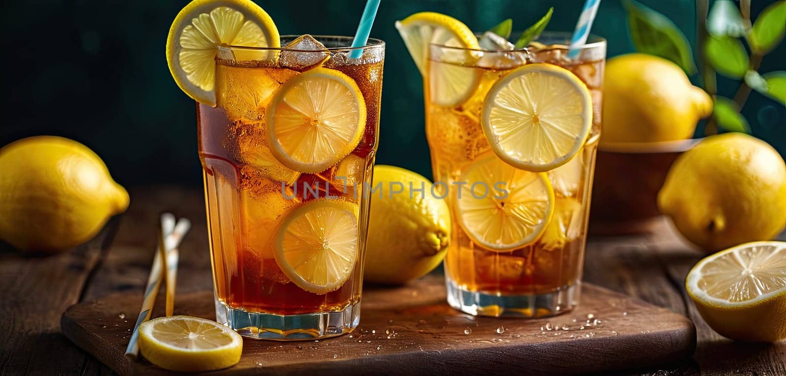 ice lemon tea, lemon, Served on wooden surface, Accompanied by lemon slices, set against warm ambient lighting evokes sense of refreshment by panophotograph