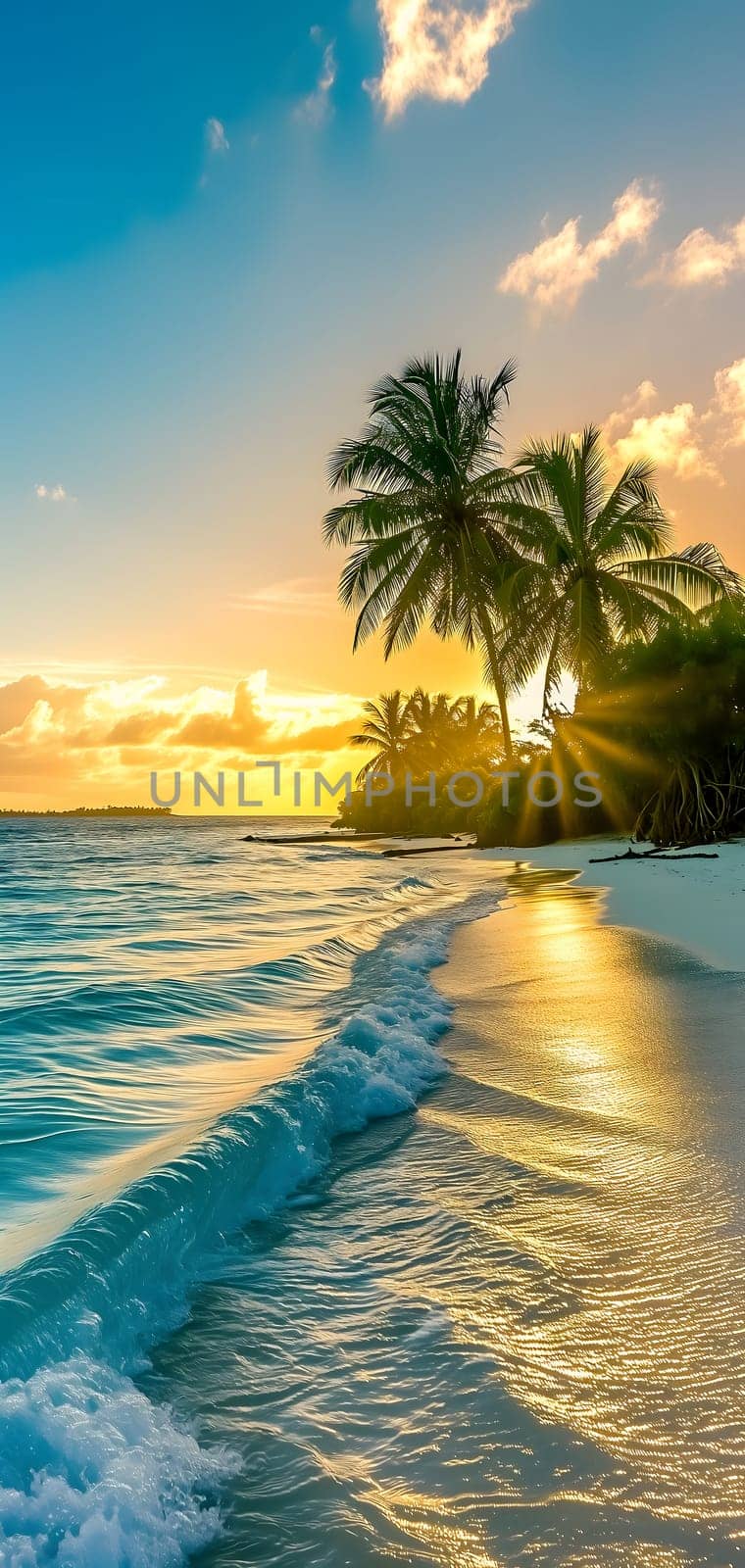 tropical beach view at sunset or sunrise with white sand, turquoise water and palm trees by z1b