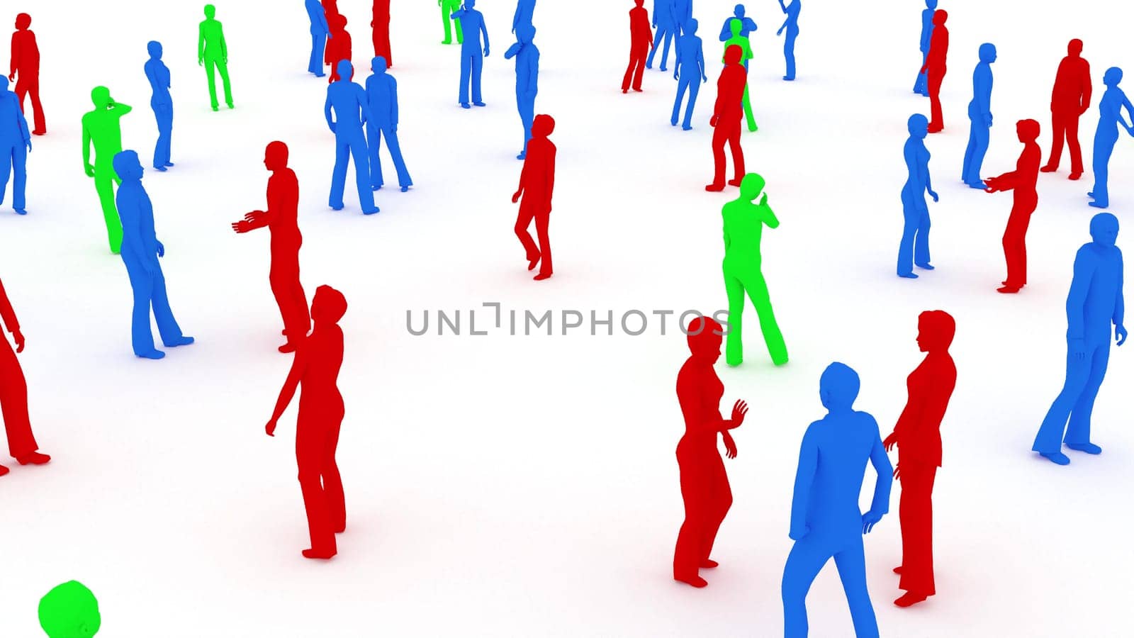 People color Silhouette crowd man and woman stand on white surface 3d render