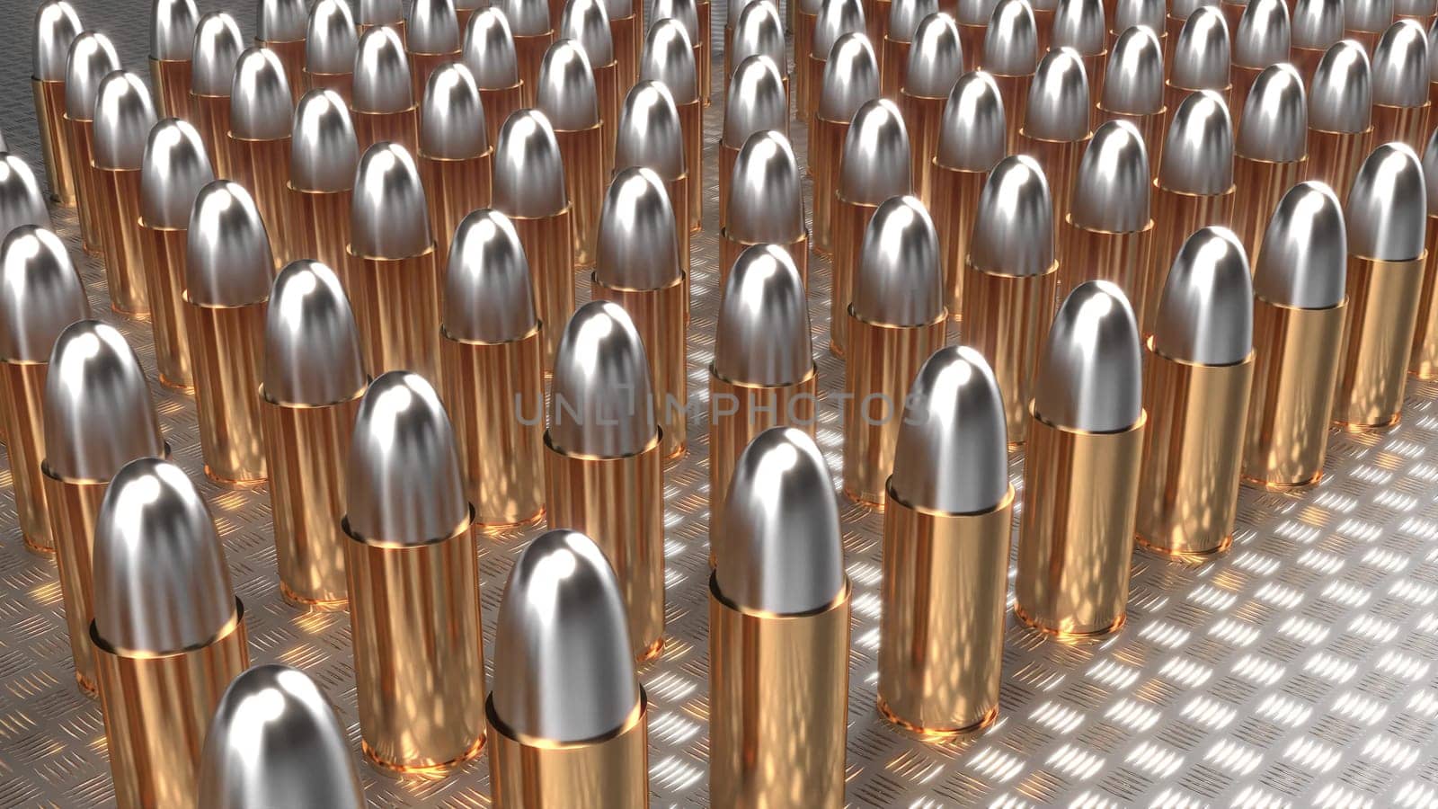Bullets stand in a row on metal surface intro 3d render